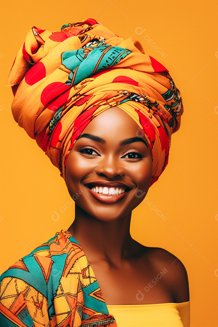 Mulher africana feliz usando turbante isolado no fundo do estúdio colorido