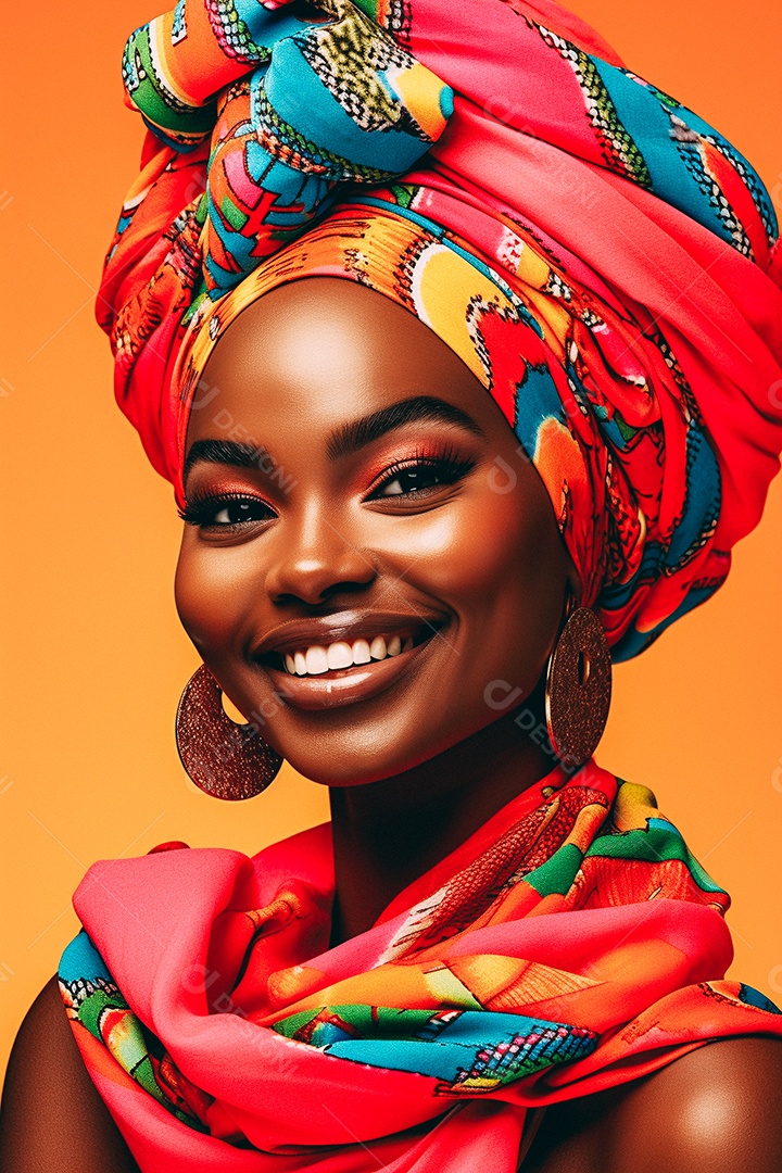 Mulher africana feliz usando turbante isolado no fundo do estúdio colorido