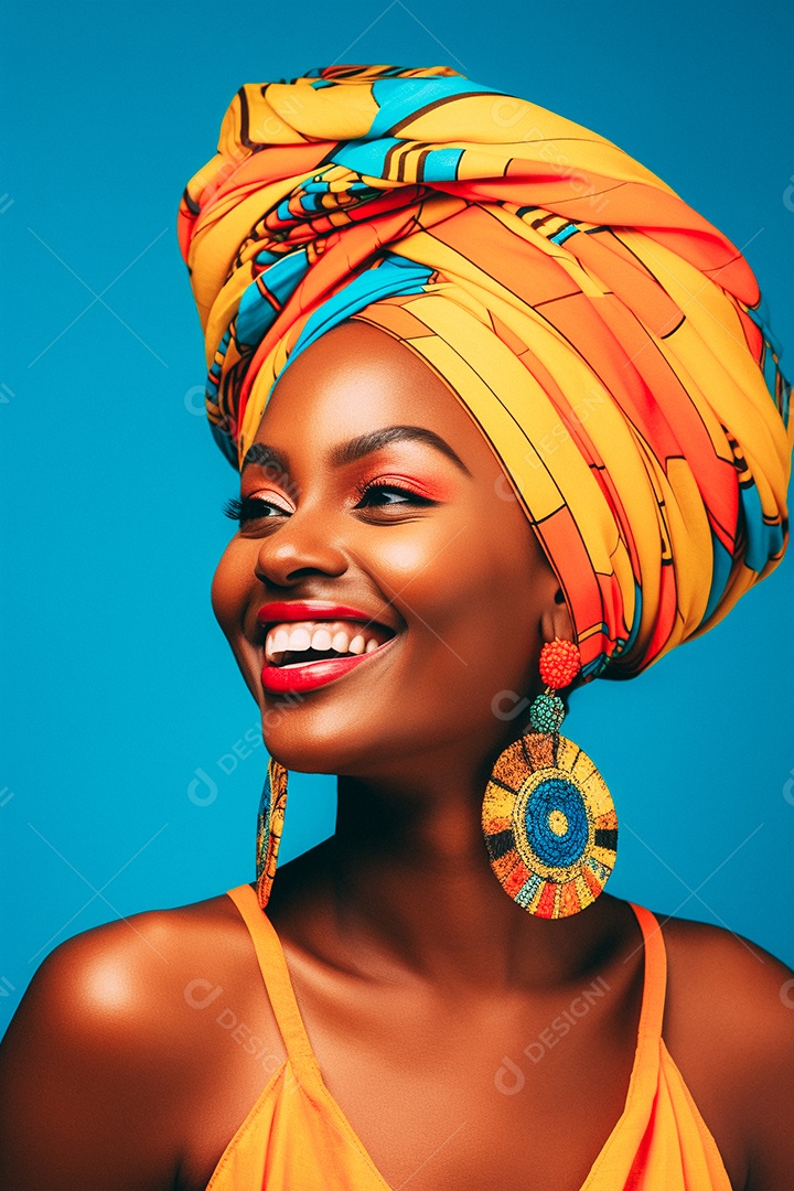 Mulher africana feliz usando turbante isolado no fundo do estúdio colorido