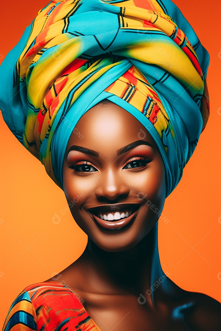 Mulher africana feliz usando turbante isolado no fundo do estúdio colorido