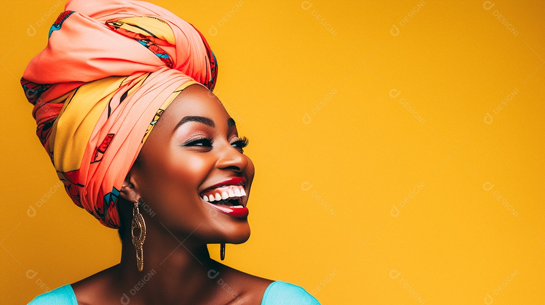 Mulher africana feliz usando turbante isolado no fundo do estúdio colorido