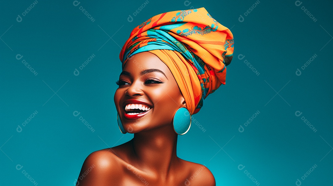 Mulher africana feliz usando turbante isolado no fundo do estúdio colorido