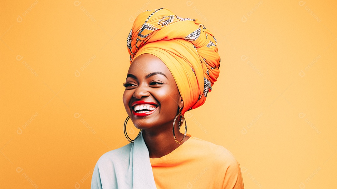 Mulher africana feliz usando turbante isolado no fundo do estúdio colorido