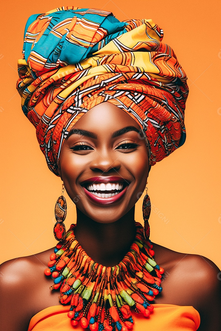 Mulher africana feliz usando turbante isolado no fundo do estúdio colorido