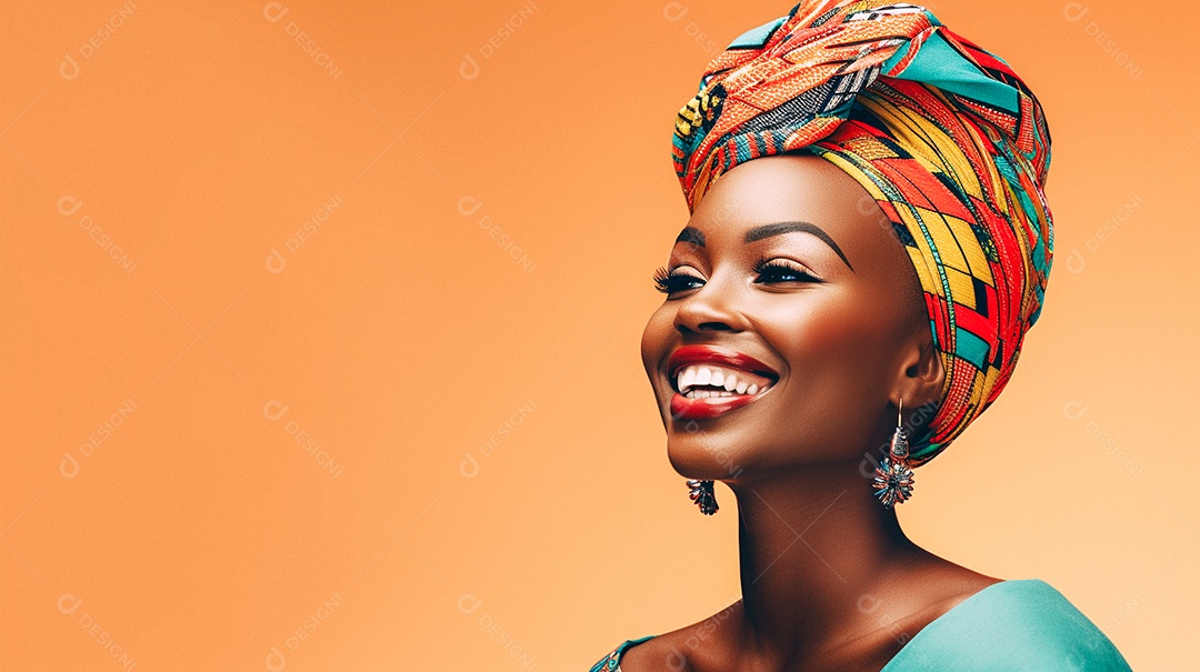Mulher africana feliz usando turbante isolado no fundo do estúdio colorido