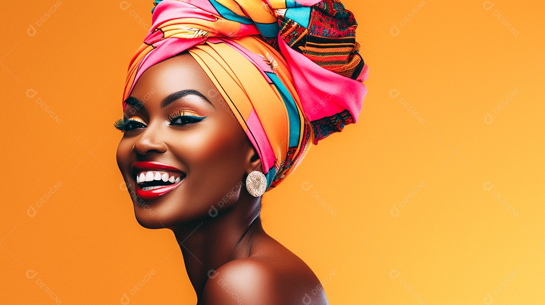 Mulher africana feliz usando turbante isolado no fundo do estúdio colorido