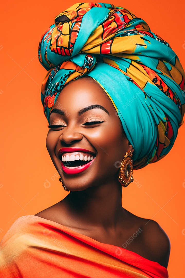 Mulher africana feliz usando turbante isolado no fundo do estúdio colorido