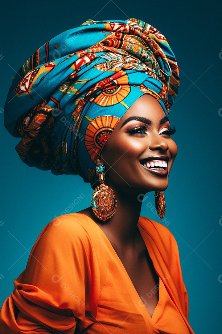 Mulher africana feliz usando turbante isolado no fundo do estúdio colorido