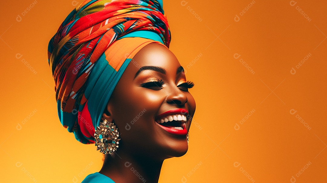 Mulher africana feliz usando turbante isolado no fundo do estúdio colorido
