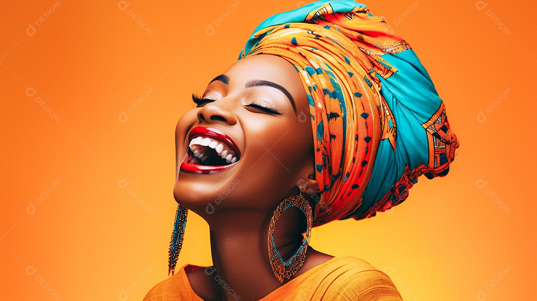 Mulher africana feliz usando turbante isolado no fundo do estúdio colorido
