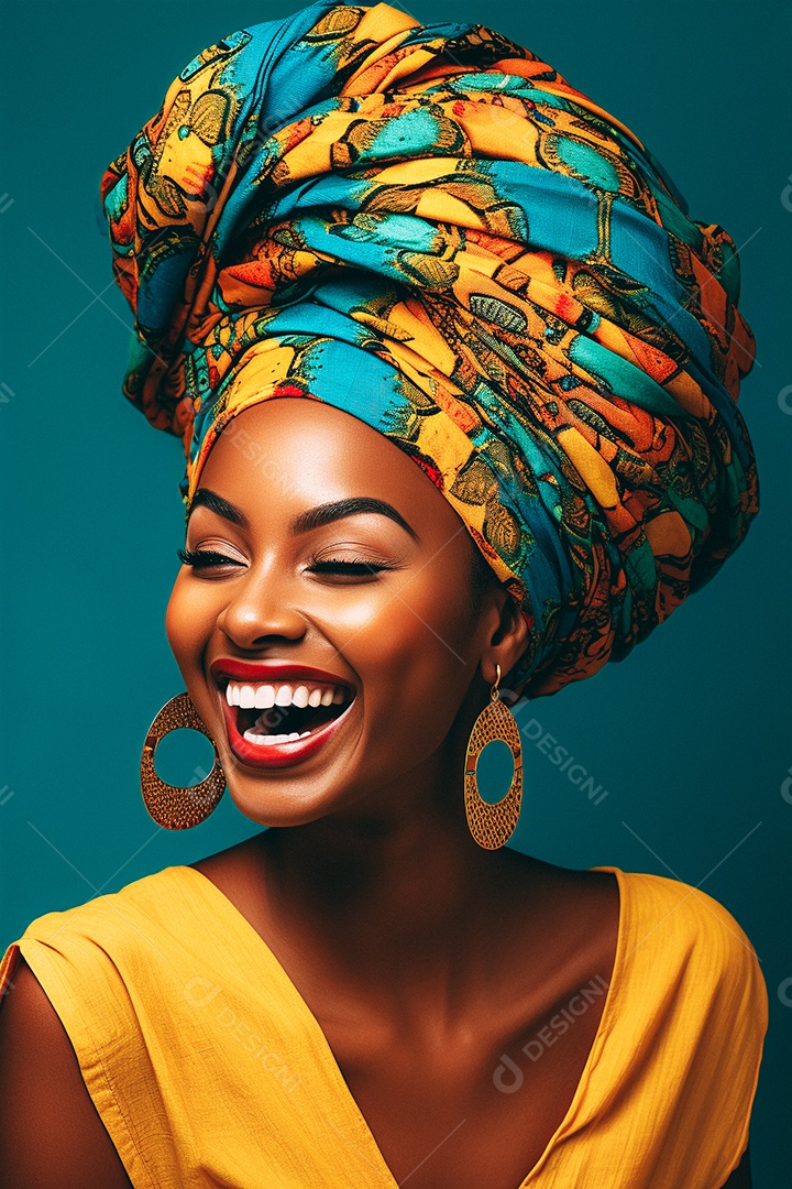 Mulher africana feliz usando turbante isolado no fundo do estúdio colorido