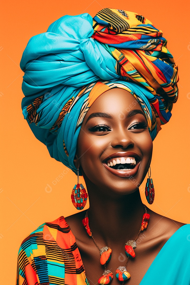 Mulher africana feliz usando turbante isolado no fundo do estúdio colorido