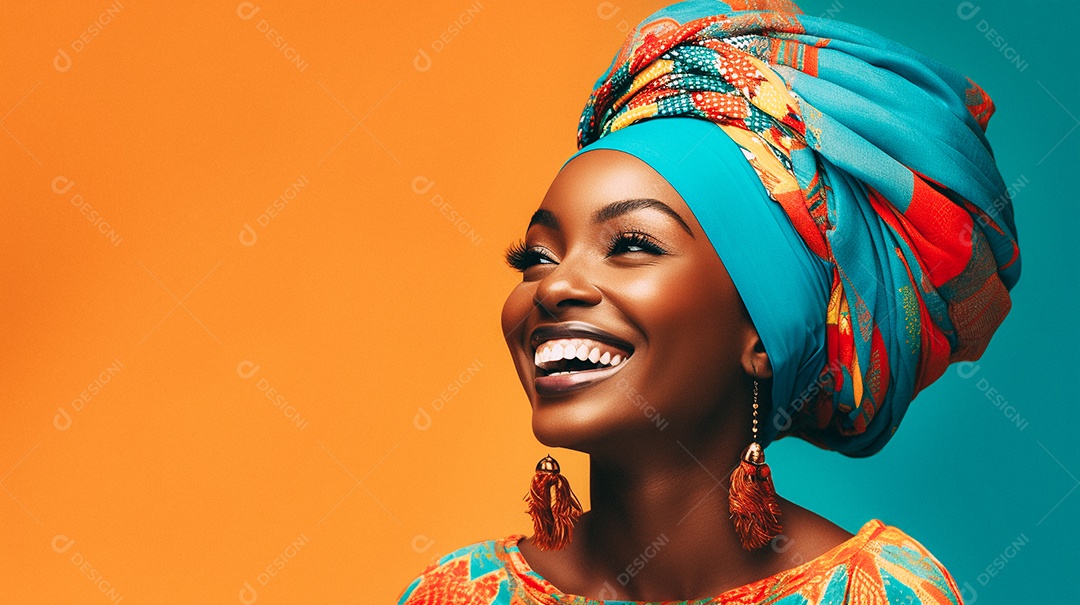 Mulher africana feliz usando turbante isolado no fundo do estúdio colorido