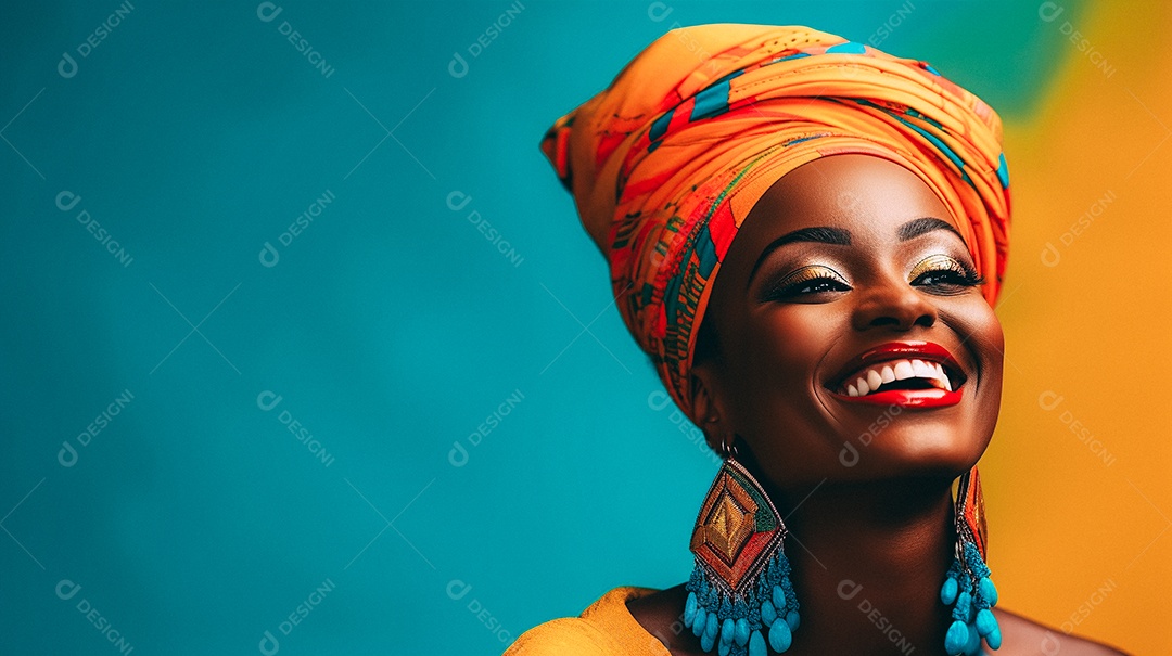 Mulher africana feliz usando turbante isolado no fundo do estúdio colorido
