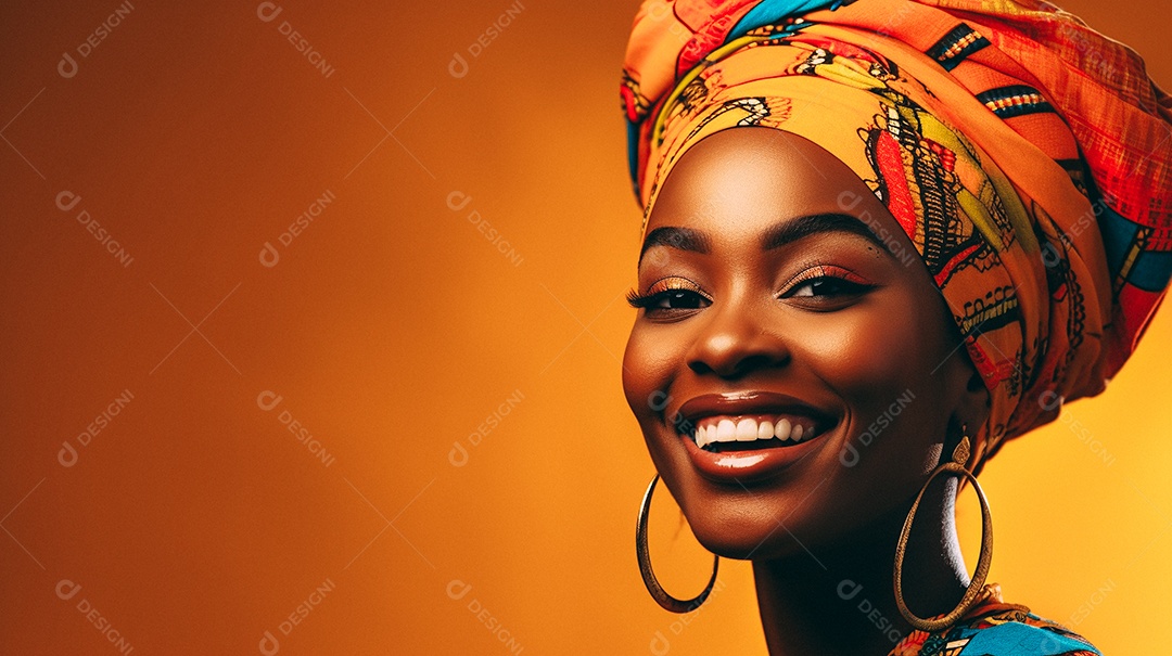 Mulher africana feliz usando turbante isolado no fundo do estúdio colorido