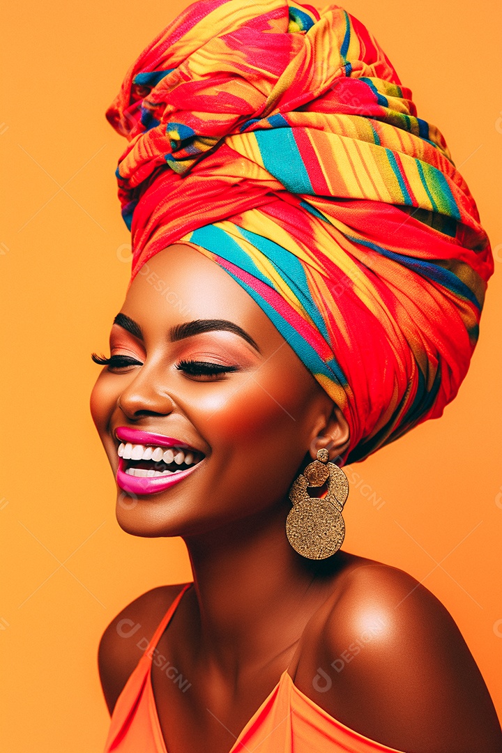 Mulher africana feliz usando turbante isolado no fundo do estúdio colorido