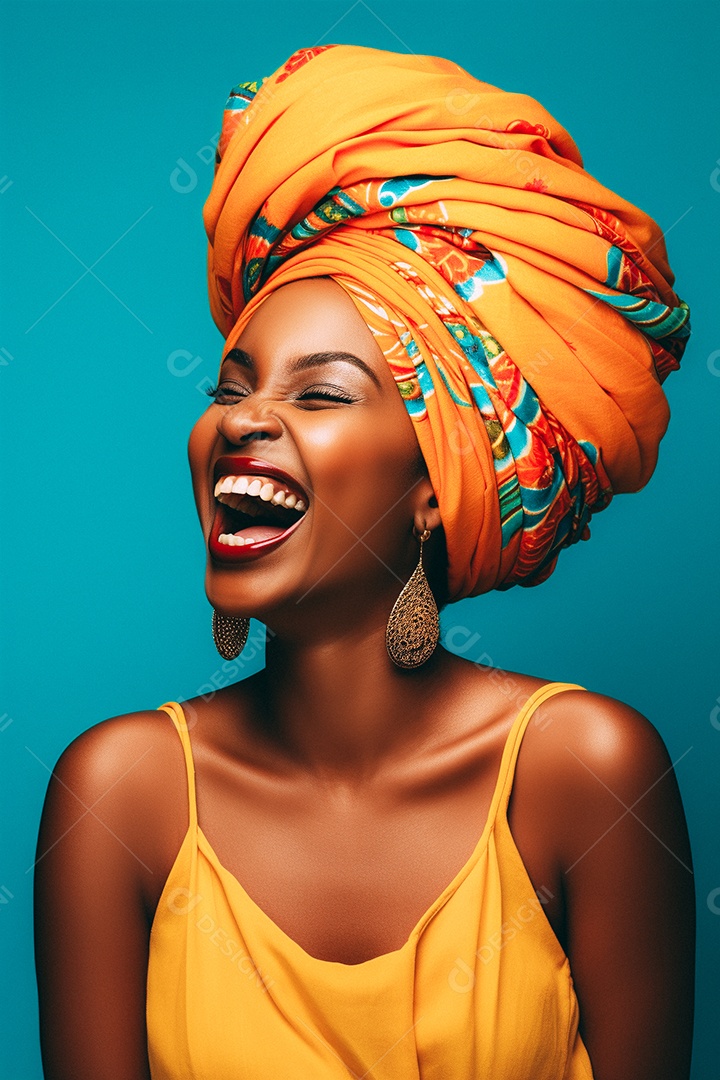 Mulher africana feliz usando turbante isolado no fundo do estúdio colorido