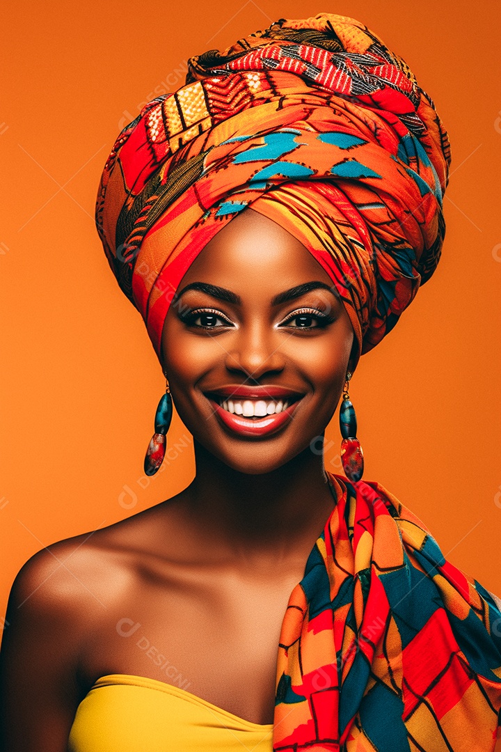 Mulher africana feliz usando turbante isolado no fundo do estúdio colorido