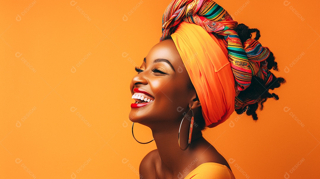 Mulher africana feliz usando turbante isolado no fundo do estúdio colorido