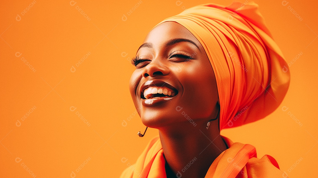 Mulher africana feliz usando turbante isolado no fundo do estúdio de cores vibrantes