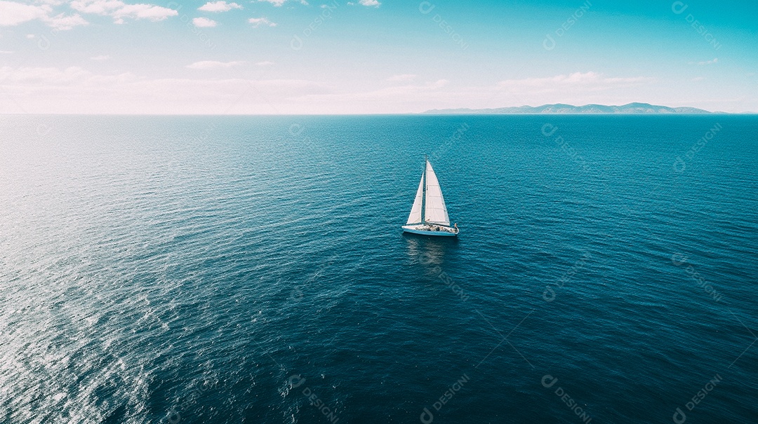 Foto aérea de um veleiro isolado no meio do oceano