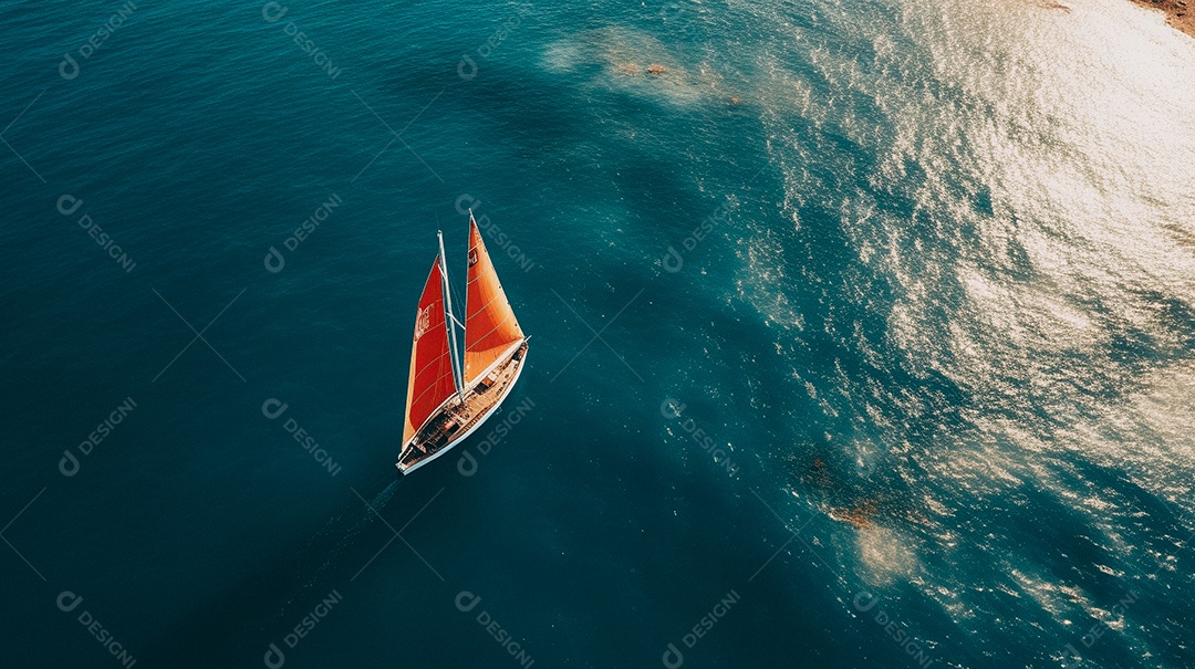 Foto aérea de um veleiro isolado no meio do oceano