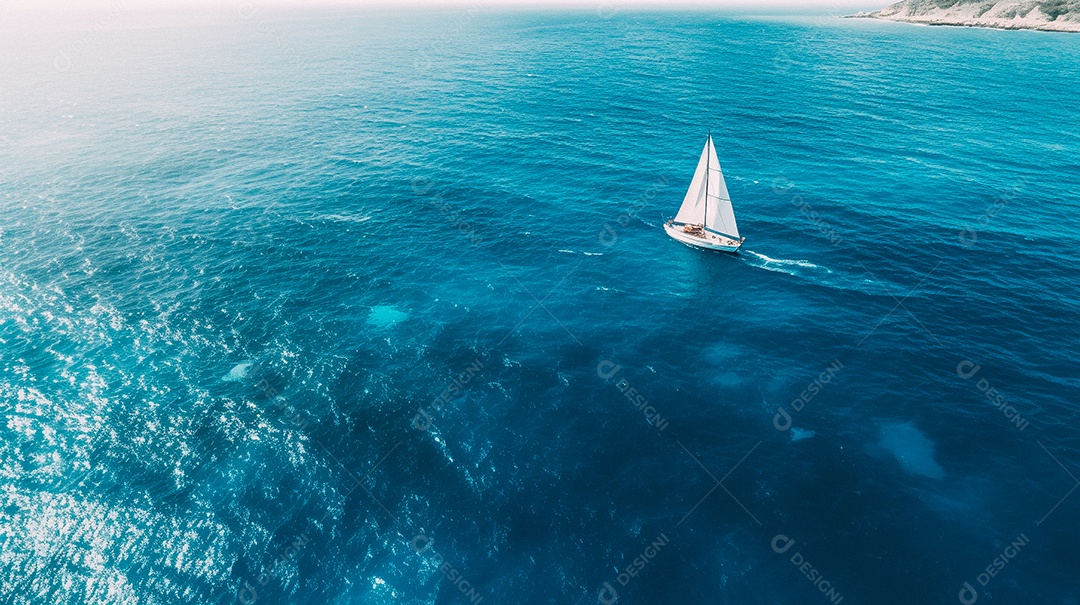Foto aérea de um veleiro isolado no meio do oceano