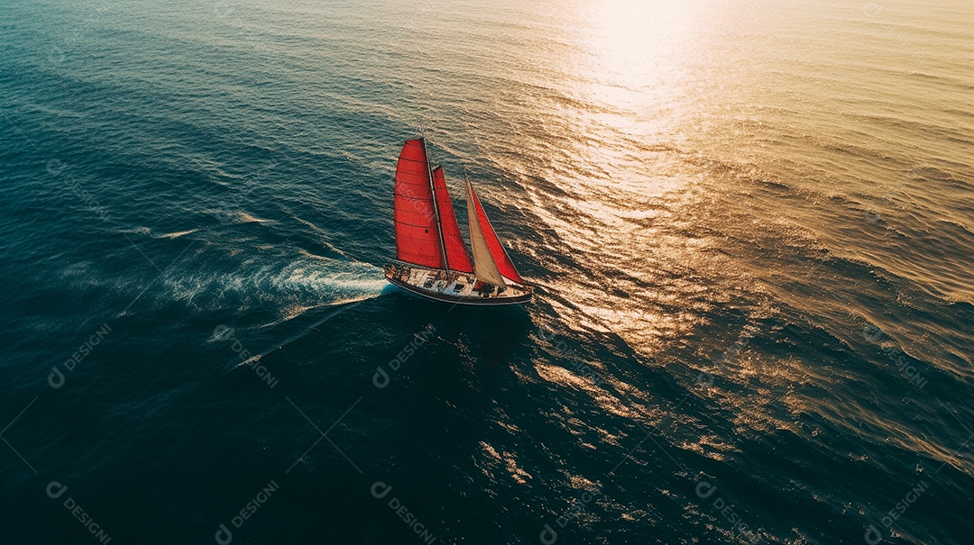 Foto aérea de um veleiro isolado no meio do oceano