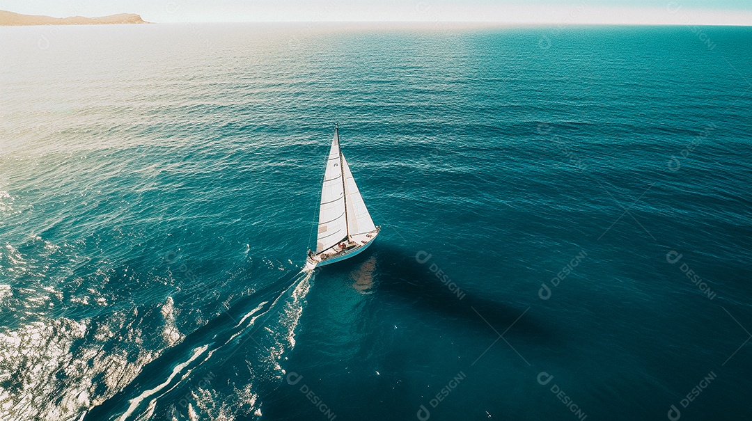 Foto aérea de um veleiro isolado no meio do oceano