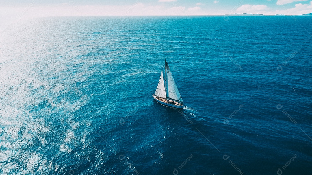 Foto aérea de um veleiro isolado no meio do oceano