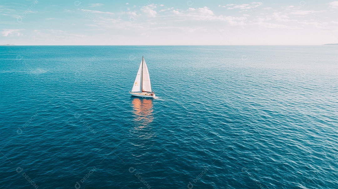 Foto aérea de um veleiro isolado no meio do oceano