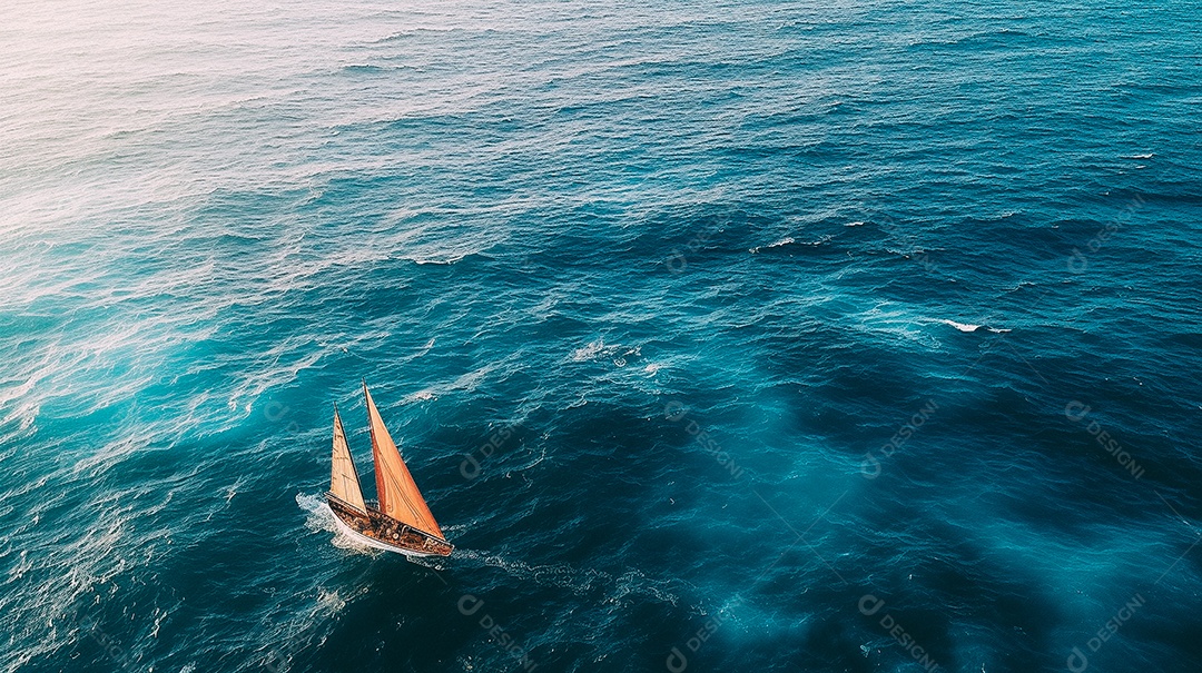 Foto aérea de um veleiro isolado no meio do oceano