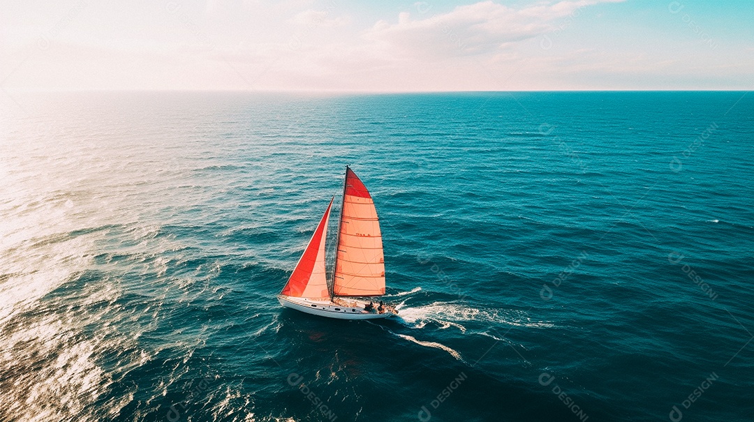 Foto aérea de um veleiro isolado no meio do oceano