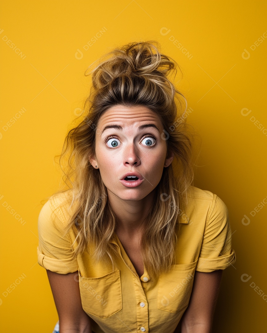 Uma mulher branca fazendo uma expressão chocada em um fundo bronzeado