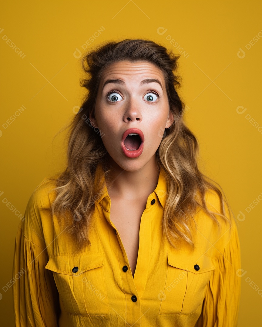 Uma mulher branca fazendo uma expressão chocada em um fundo bronzeado