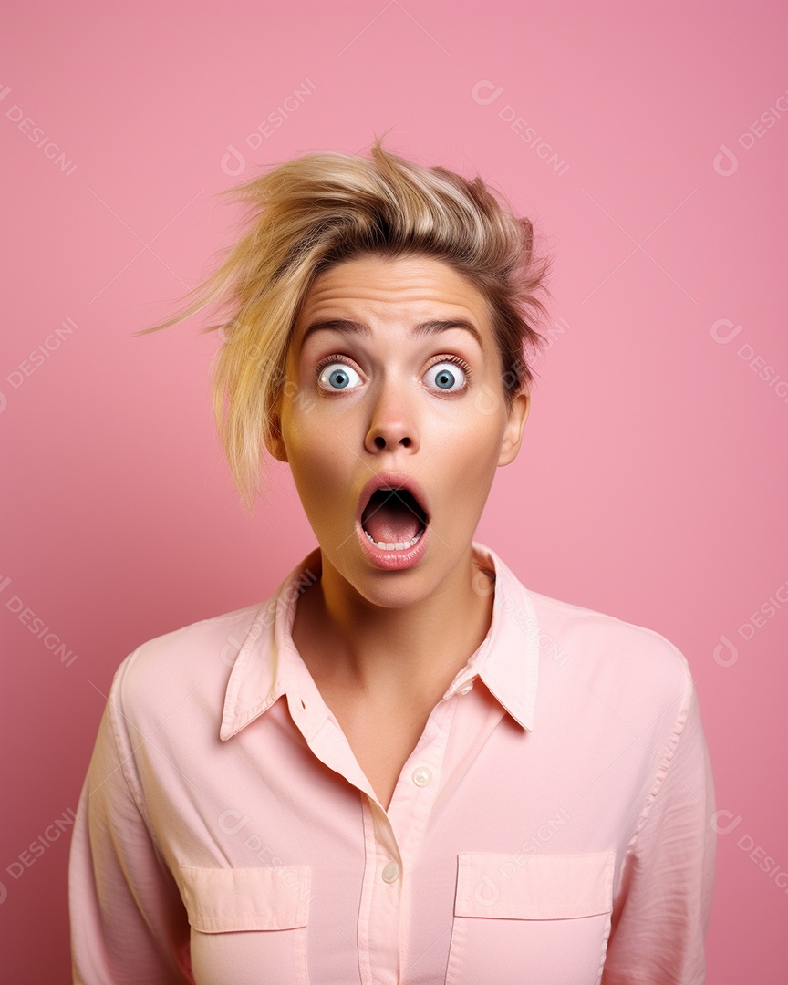 Uma mulher branca fazendo uma expressão chocada em um fundo bronzeado