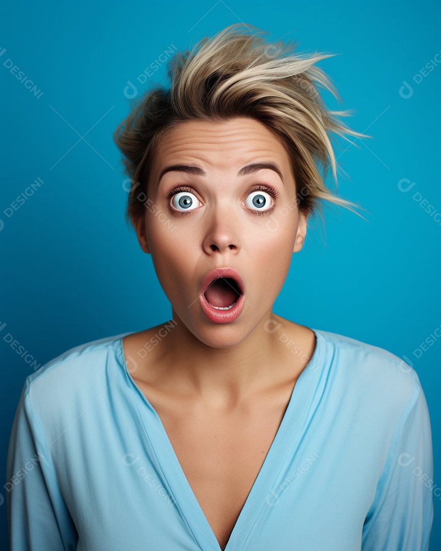 Uma mulher branca fazendo uma expressão chocada em um fundo bronzeado