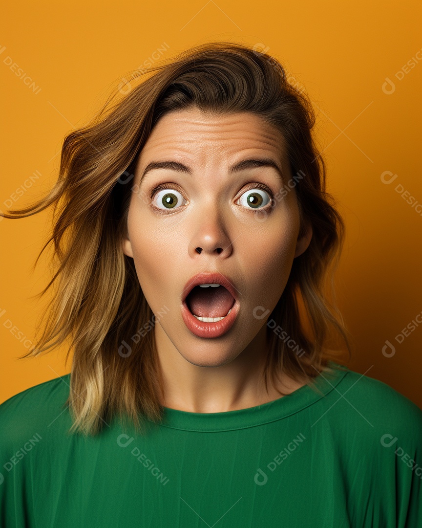 Uma mulher branca fazendo uma expressão chocada em um fundo bronzeado