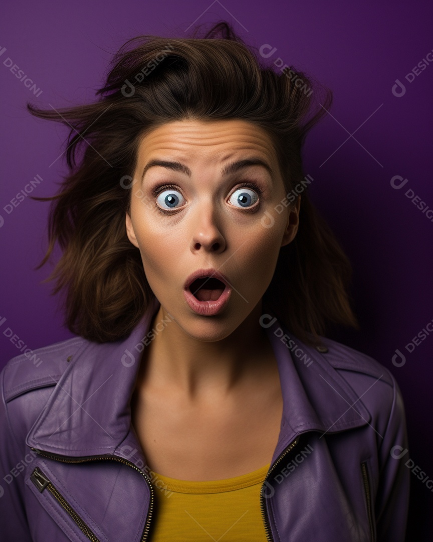 Uma mulher branca fazendo uma expressão chocada em um fundo bronzeado