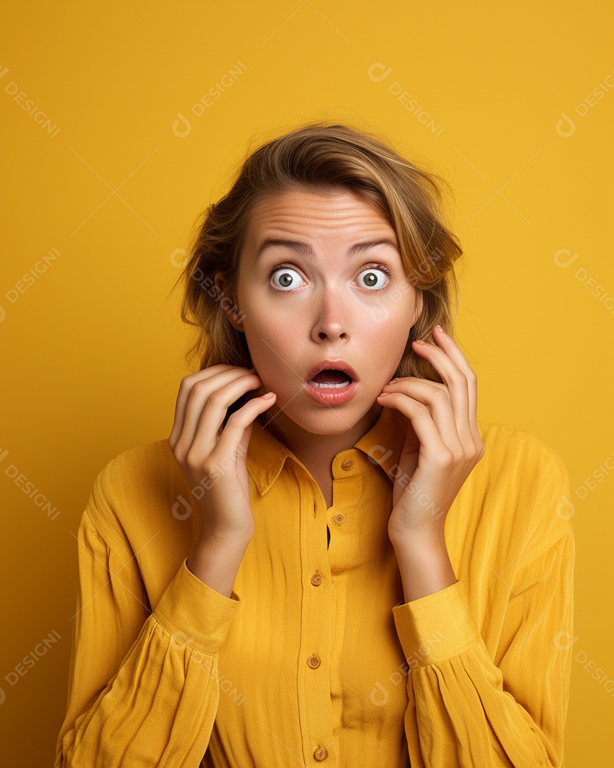 Uma mulher branca fazendo uma expressão chocada em um fundo bronzeado