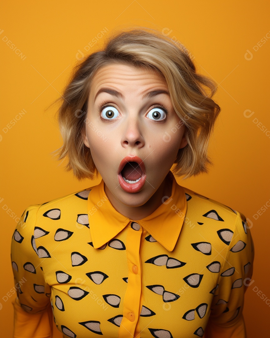Uma mulher branca fazendo uma expressão chocada em um fundo colorido
