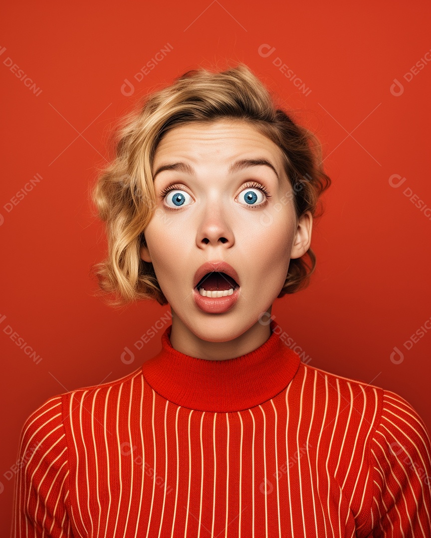 Uma mulher branca fazendo uma expressão chocada em um fundo colorido