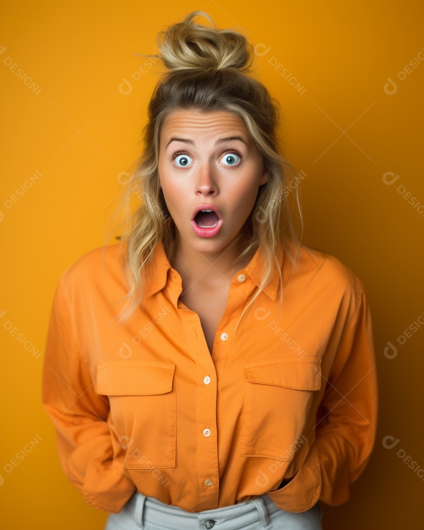 Uma mulher branca fazendo uma expressão chocada em um fundo colorido