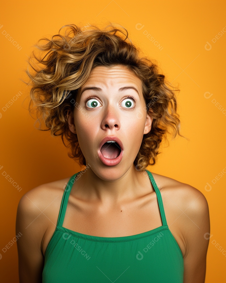 Uma mulher branca fazendo uma expressão chocada em um fundo colorido