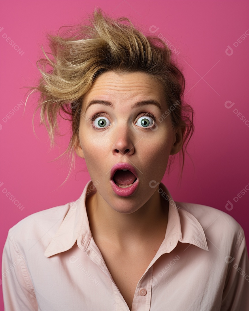 Uma mulher branca fazendo uma expressão chocada em um fundo colorido