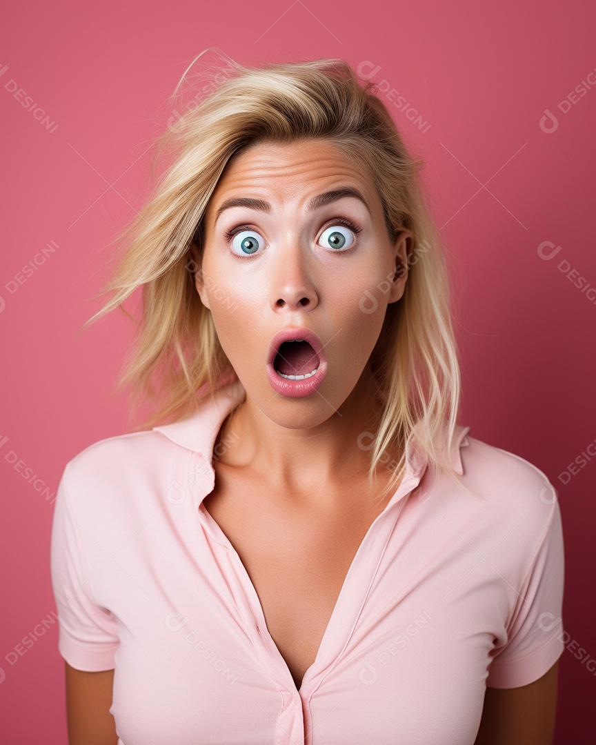Uma mulher branca fazendo uma expressão chocada em um fundo colorido