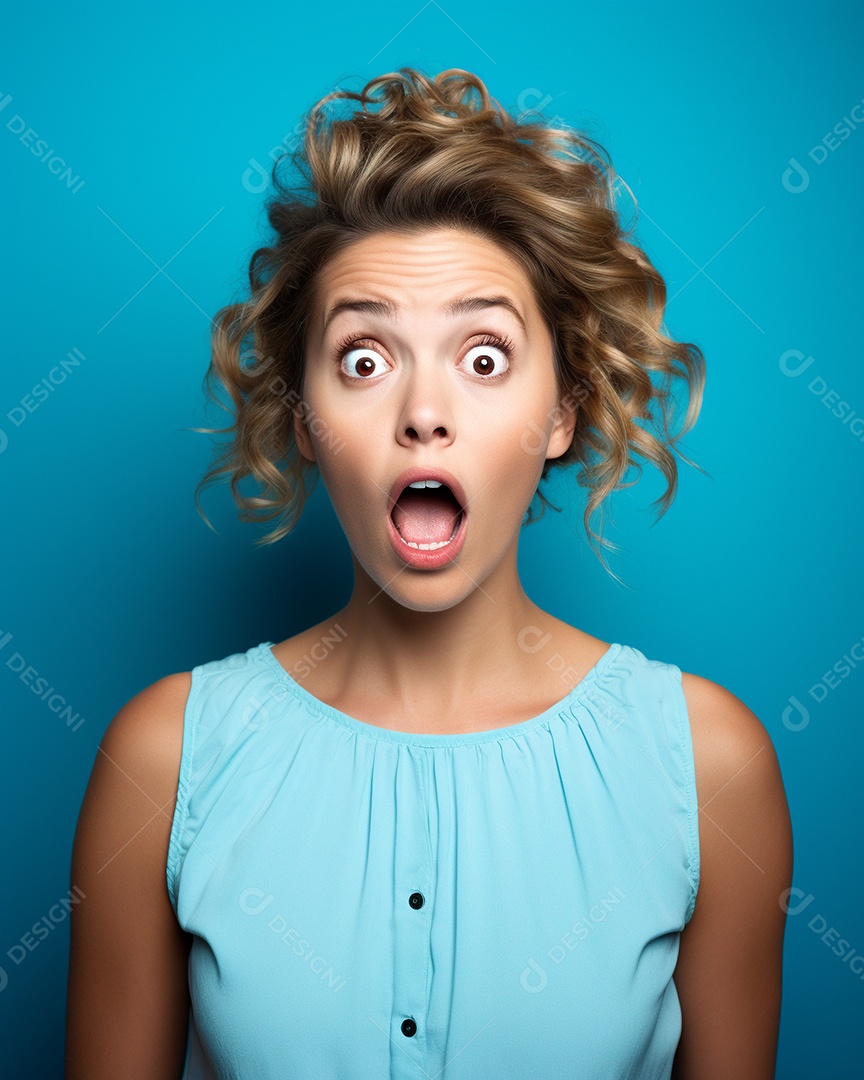 Uma mulher branca fazendo uma expressão chocada em um fundo colorido
