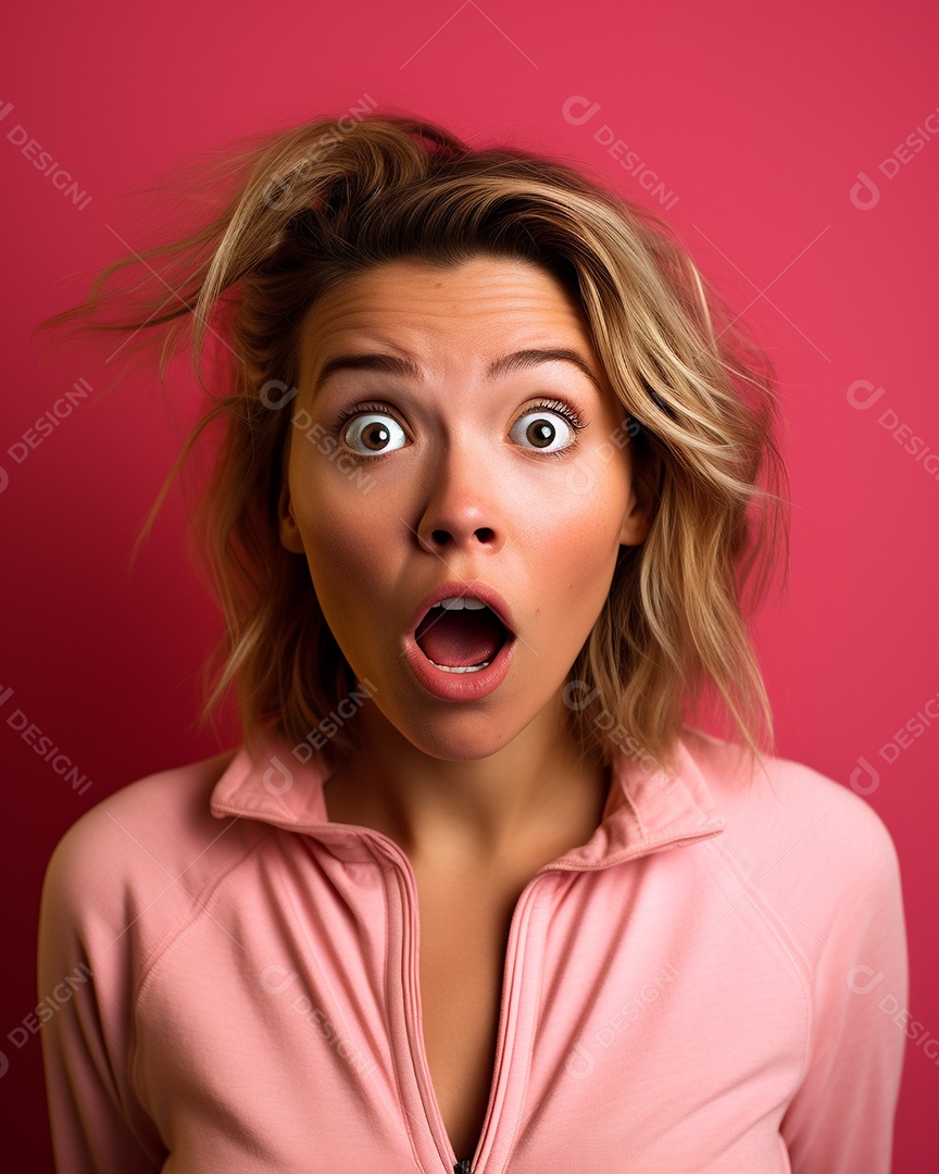 Uma mulher branca fazendo uma expressão chocada em um fundo colorido