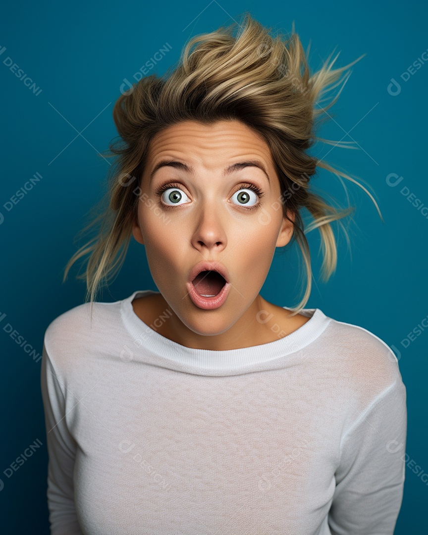 Uma mulher branca fazendo uma expressão chocada em um fundo colorido