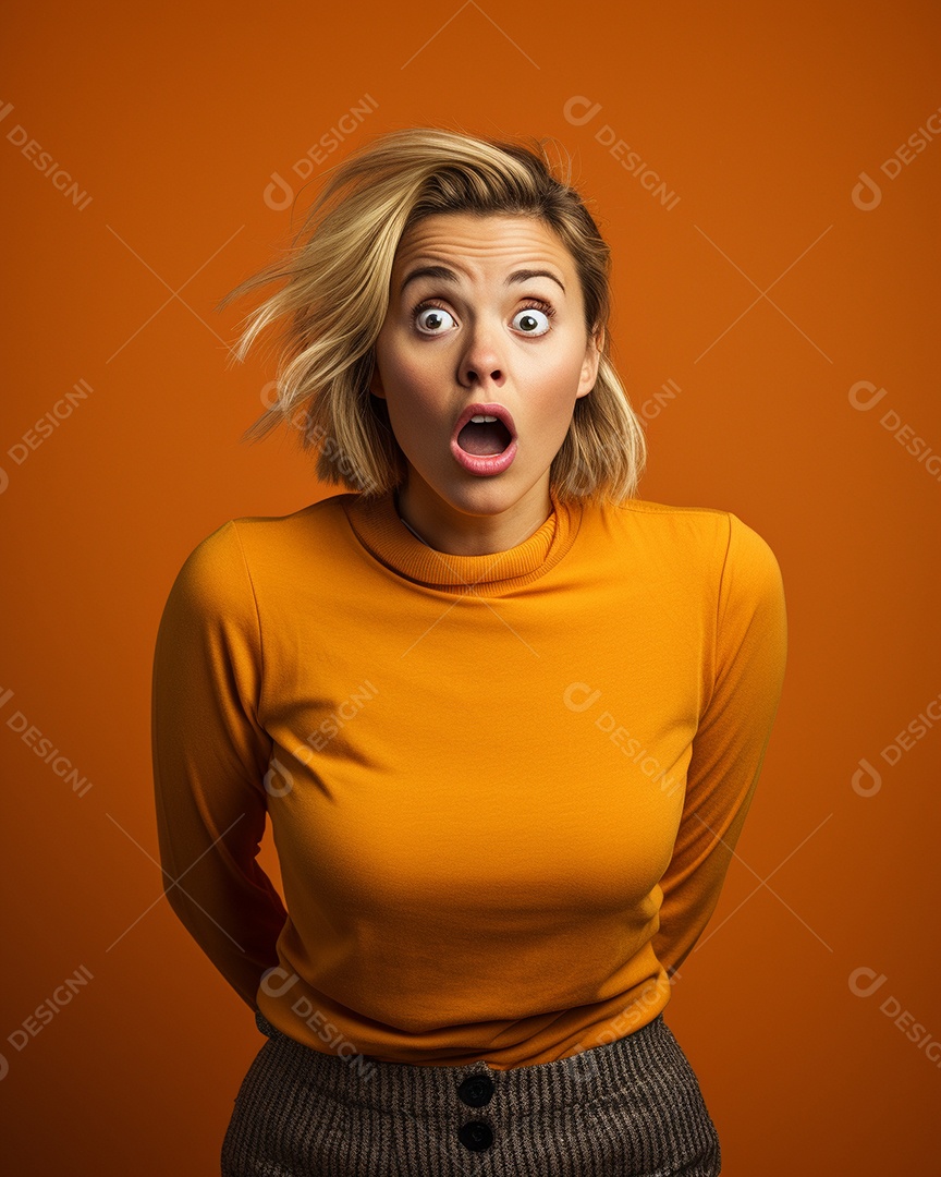 Uma mulher branca fazendo uma expressão chocada em um fundo colorido